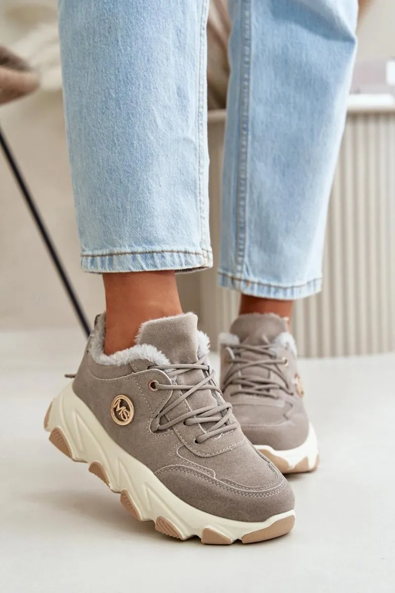 Sneakersy Damskie|Botki Sznurowane>Boto Ocieplane Buty Sportowe Damskie Sznurowane Na Platformie Szare Bialoa