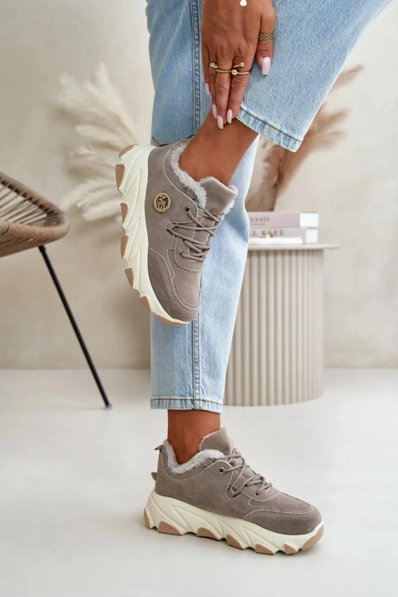 Sneakersy Damskie|Botki Sznurowane>Boto Ocieplane Buty Sportowe Damskie Sznurowane Na Platformie Szare Bialoa