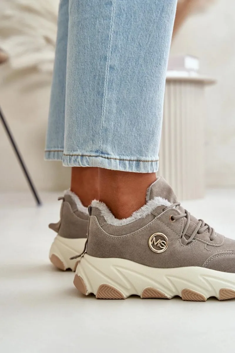 Sneakersy Damskie|Botki Sznurowane>Boto Ocieplane Buty Sportowe Damskie Sznurowane Na Platformie Szare Bialoa