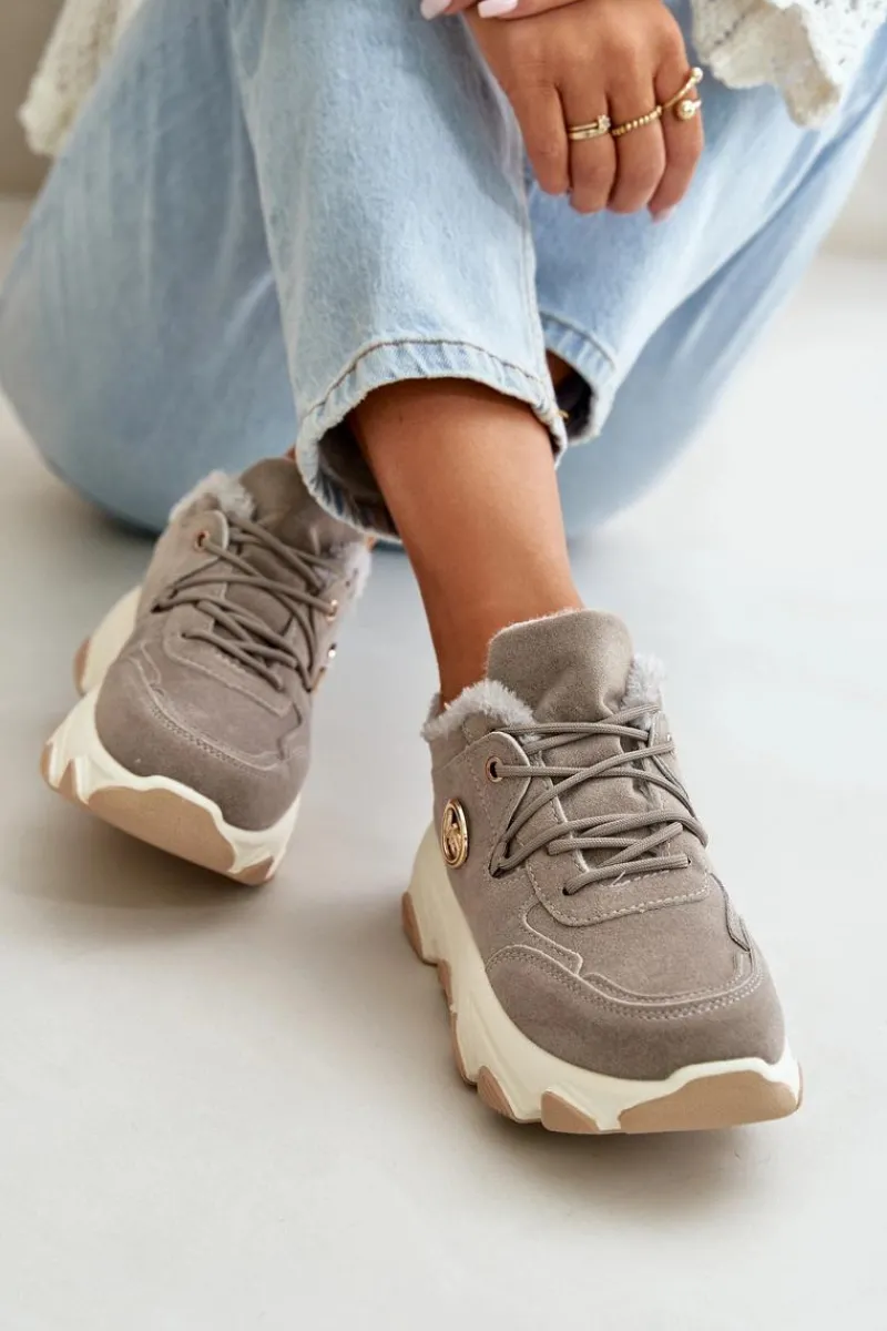 Sneakersy Damskie|Botki Sznurowane>Boto Ocieplane Buty Sportowe Damskie Sznurowane Na Platformie Szare Bialoa