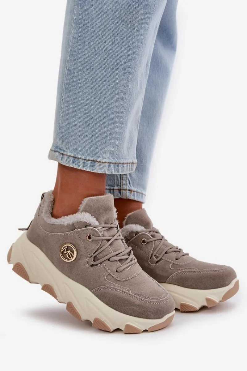 Sneakersy Damskie|Botki Sznurowane>Boto Ocieplane Buty Sportowe Damskie Sznurowane Na Platformie Szare Bialoa