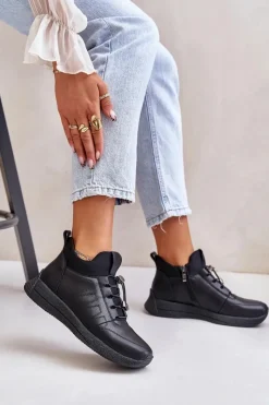 Best Ocieplane Buty Sportowe Skórzane Na Zamek 55C0041 Czarne Damskie Buty Sportowe Na Platformie