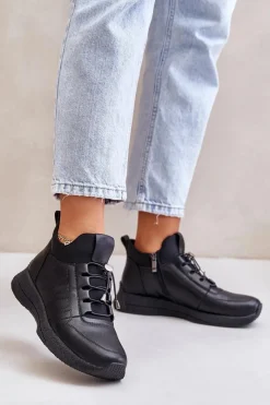 Best Ocieplane Buty Sportowe Skórzane Na Zamek 55C0041 Czarne Damskie Buty Sportowe Na Platformie