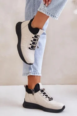 Best Ocieplane Buty Sportowe Skórzane Na Zamek 55C0038 Beżowe Damskie Buty Sportowe Na Platformie