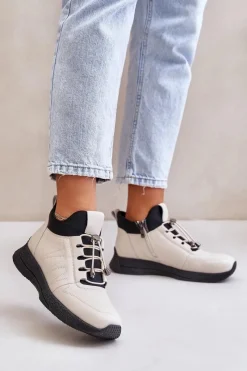 Best Ocieplane Buty Sportowe Skórzane Na Zamek 55C0038 Beżowe Damskie Buty Sportowe Na Platformie