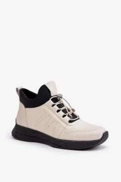 Best Ocieplane Buty Sportowe Skórzane Na Zamek 55C0038 Beżowe Damskie Buty Sportowe Na Platformie