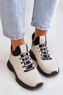 Best Ocieplane Buty Sportowe Skórzane Na Zamek 55C0038 Beżowe Damskie Buty Sportowe Na Platformie