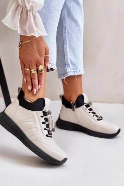 Best Ocieplane Buty Sportowe Skórzane Na Zamek 55C0038 Beżowe Damskie Buty Sportowe Na Platformie