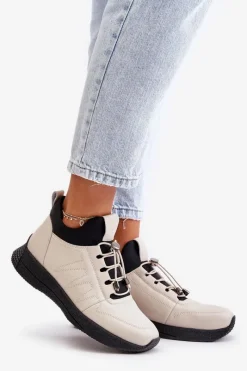 Best Ocieplane Buty Sportowe Skórzane Na Zamek 55C0038 Beżowe Damskie Buty Sportowe Na Platformie