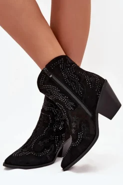 Ocieplane Damskie Botki Kowbojki Ze Zdobieniem Czarne Lelira Damskie Botki Na Słupku|Botki Na Obcasie