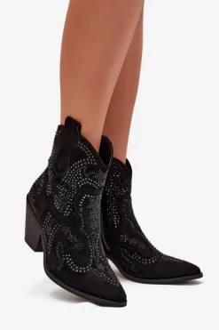 Ocieplane Damskie Botki Kowbojki Ze Zdobieniem Czarne Lelira Damskie Botki Na Słupku|Botki Na Obcasie