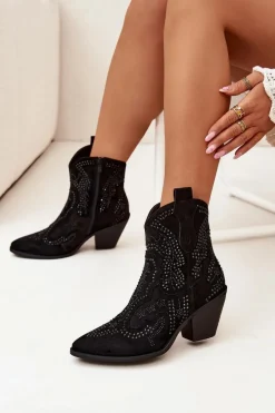 Ocieplane Damskie Botki Kowbojki Ze Zdobieniem Czarne Lelira Damskie Botki Na Słupku|Botki Na Obcasie