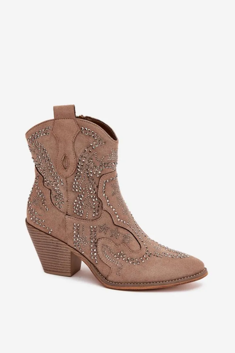 Sale Boto Ocieplane Damskie Botki Kowbojki Ze Zdobieniem Beżowe Lelira Beżowy