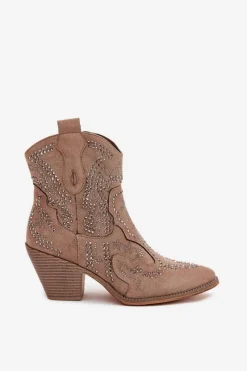 Sale Boto Ocieplane Damskie Botki Kowbojki Ze Zdobieniem Beżowe Lelira Beżowy