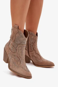 Sale Boto Ocieplane Damskie Botki Kowbojki Ze Zdobieniem Beżowe Lelira Beżowy