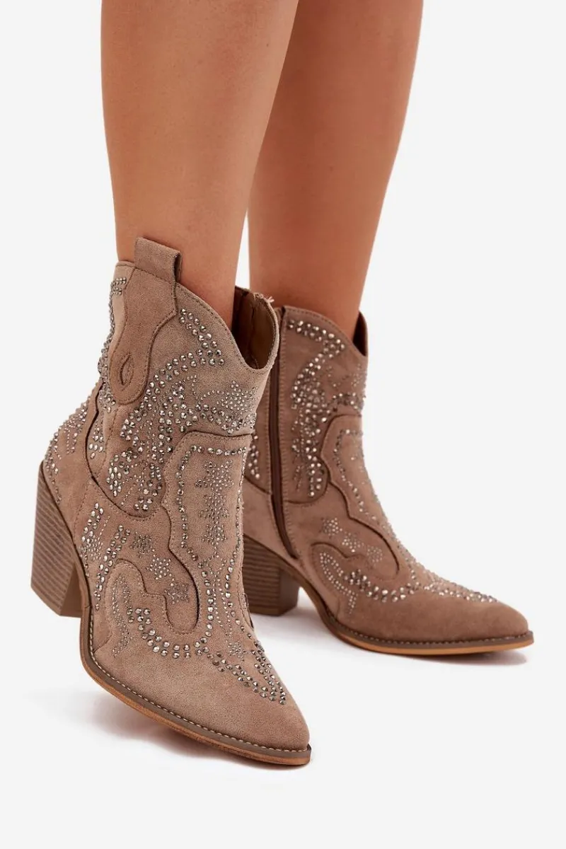 Sale Boto Ocieplane Damskie Botki Kowbojki Ze Zdobieniem Beżowe Lelira Beżowy