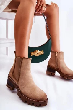 Outlet Ocieplane Damskie Botki Na Suwak Beżowe Lenaris Damskie Botki Na Słupku|Czarne Botki