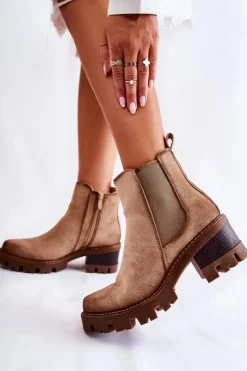 Outlet Ocieplane Damskie Botki Na Suwak Beżowe Lenaris Damskie Botki Na Słupku|Czarne Botki