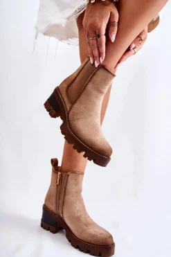 Outlet Ocieplane Damskie Botki Na Suwak Beżowe Lenaris Damskie Botki Na Słupku|Czarne Botki