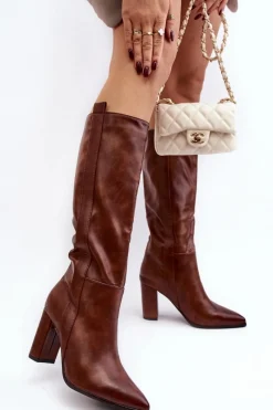 Kozaki Przed Kolano|Kozaki Na Obcasie></noscript>Boto Ocieplane Damskie Kozaki Przed Kolano Na Słupku Brązowe Genzani