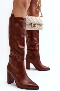 Kozaki Przed Kolano|Kozaki Na Obcasie></noscript>Boto Ocieplane Damskie Kozaki Przed Kolano Na Słupku Brązowe Genzani