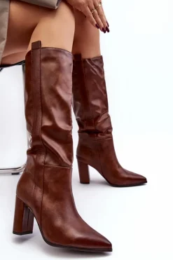 Kozaki Przed Kolano|Kozaki Na Obcasie></noscript>Boto Ocieplane Damskie Kozaki Przed Kolano Na Słupku Brązowe Genzani