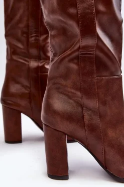 Kozaki Przed Kolano|Kozaki Na Obcasie></noscript>Boto Ocieplane Damskie Kozaki Przed Kolano Na Słupku Brązowe Genzani