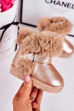 Clearance Boto Ocieplane Dziecięce Botki Śniegowce Z Futerkiem Różowe Złoto JellyBeans