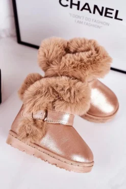 Clearance Boto Ocieplane Dziecięce Botki Śniegowce Z Futerkiem Różowe Złoto JellyBeans