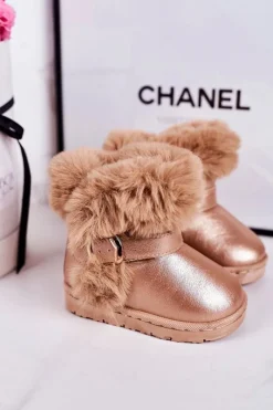 Clearance Boto Ocieplane Dziecięce Botki Śniegowce Z Futerkiem Różowe Złoto JellyBeans