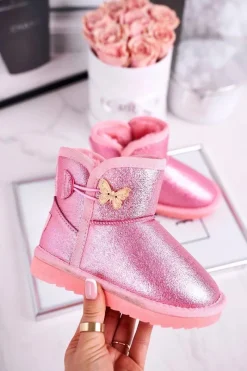 Clearance Ocieplane dziecięce botki śniegowce z motylkiem różowe Cosmic Dzieci Dziewczęce