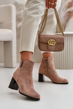 Outlet Ocieplane Eko Zamszowe Botki Damskie Na Słupku Zapinane Na Zamek Brązowe Erillia Damskie Botki Ocieplane|Botki Na Słupku