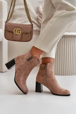 Outlet Ocieplane Eko Zamszowe Botki Damskie Na Słupku Zapinane Na Zamek Brązowe Erillia Damskie Botki Ocieplane|Botki Na Słupku