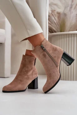 Outlet Ocieplane Eko Zamszowe Botki Damskie Na Słupku Zapinane Na Zamek Brązowe Erillia Damskie Botki Ocieplane|Botki Na Słupku