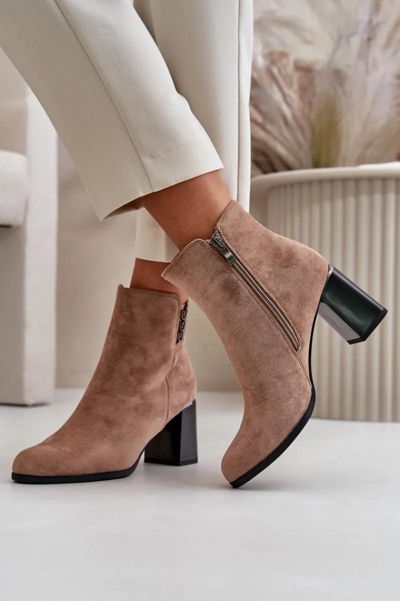 Outlet Ocieplane Eko Zamszowe Botki Damskie Na Słupku Zapinane Na Zamek Brązowe Erillia Damskie Botki Ocieplane|Botki Na Słupku