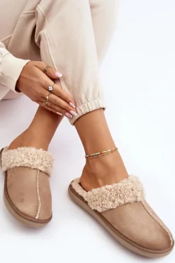 New Ocieplane Kapcie Damskie EK000010 Beżowe Damskie Kapcie Klasyczne|Klapki Damskie Klasyczne