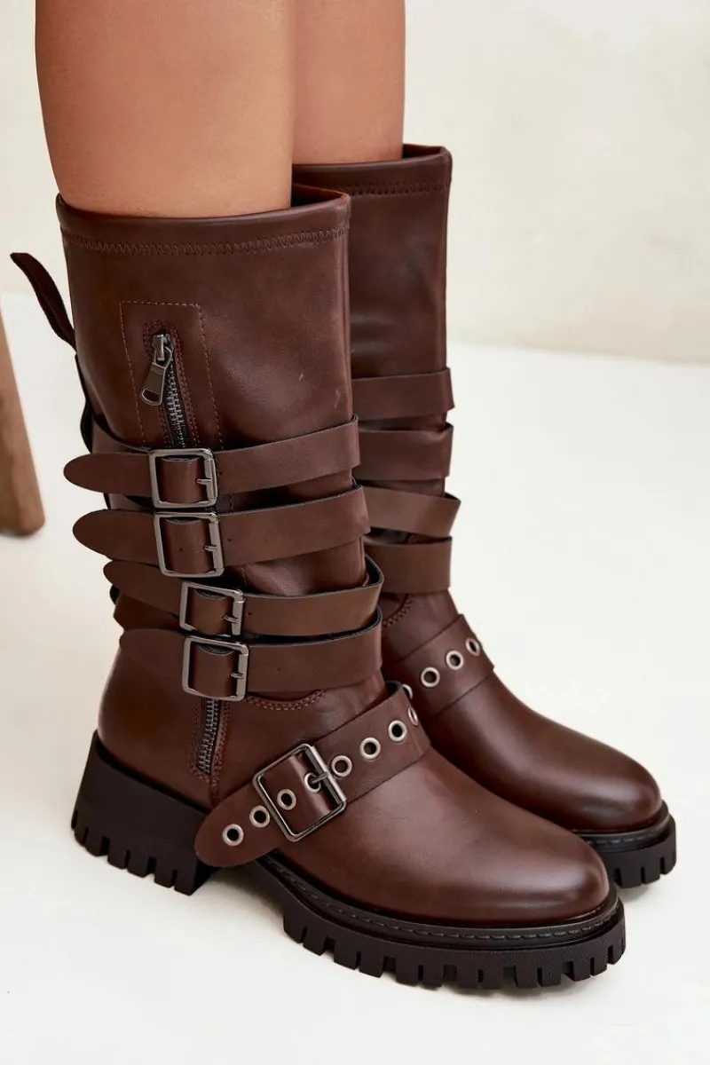 Kozaki Ocieplane|Kozaki Na Obcasie>Boto Ocieplane Kozaki Damskie Z Paskami I Klamrami Brązowe Ivaline Brązowy