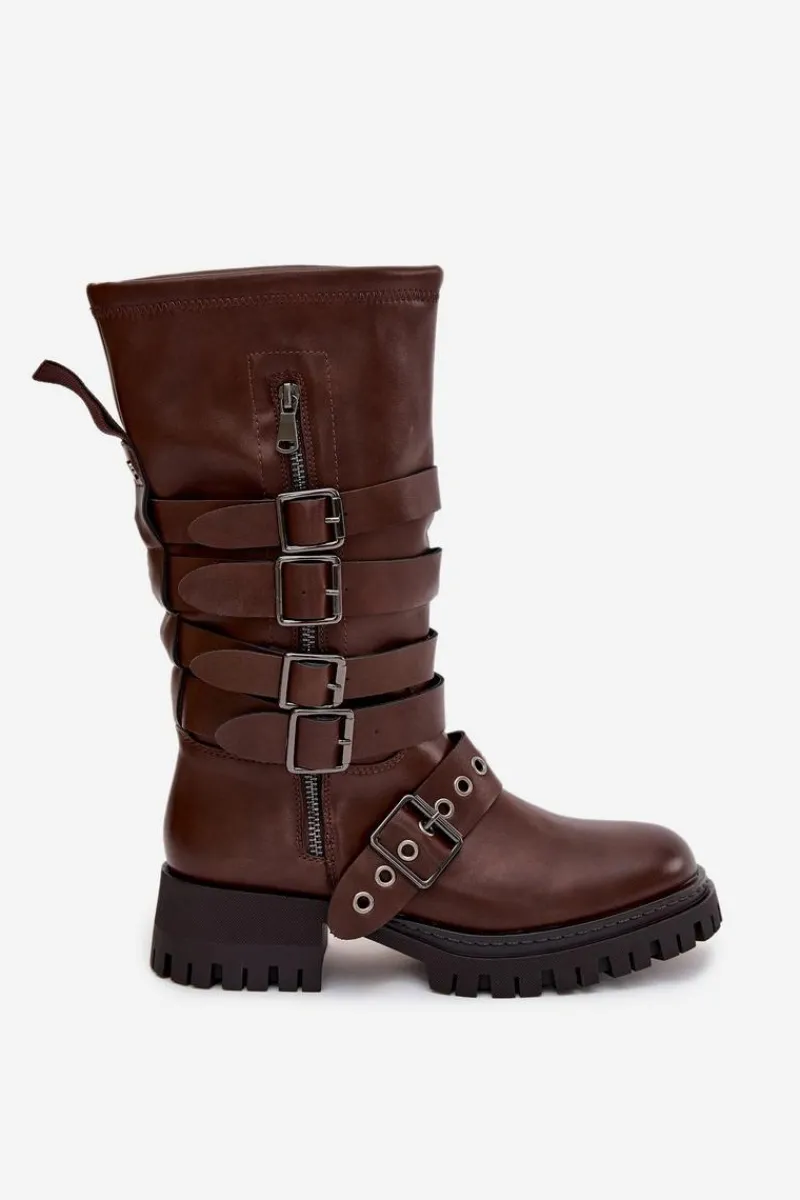 Kozaki Ocieplane|Kozaki Na Obcasie>Boto Ocieplane Kozaki Damskie Z Paskami I Klamrami Brązowe Ivaline Brązowy