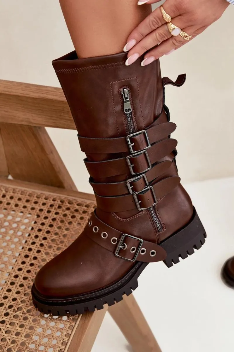 Kozaki Ocieplane|Kozaki Na Obcasie>Boto Ocieplane Kozaki Damskie Z Paskami I Klamrami Brązowe Ivaline Brązowy