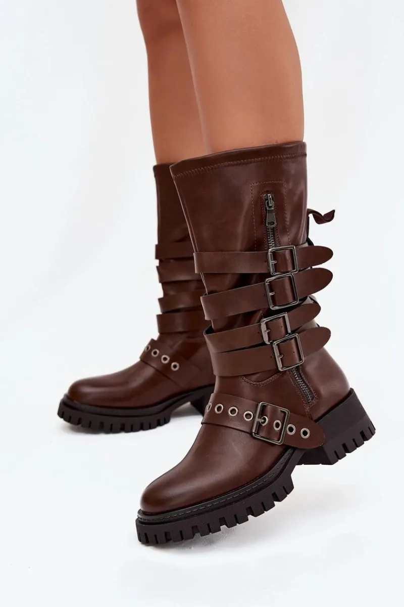 Kozaki Ocieplane|Kozaki Na Obcasie>Boto Ocieplane Kozaki Damskie Z Paskami I Klamrami Brązowe Ivaline Brązowy