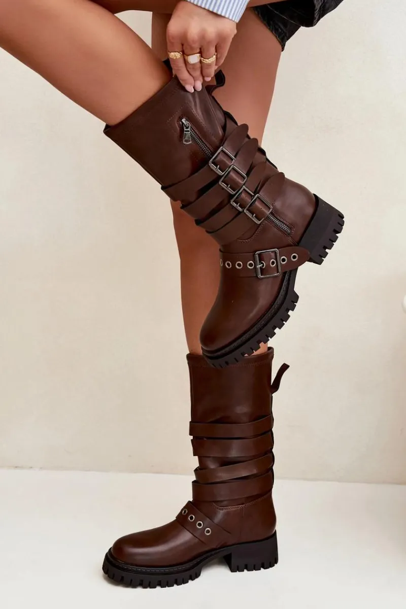 Kozaki Ocieplane|Kozaki Na Obcasie>Boto Ocieplane Kozaki Damskie Z Paskami I Klamrami Brązowe Ivaline Brązowy