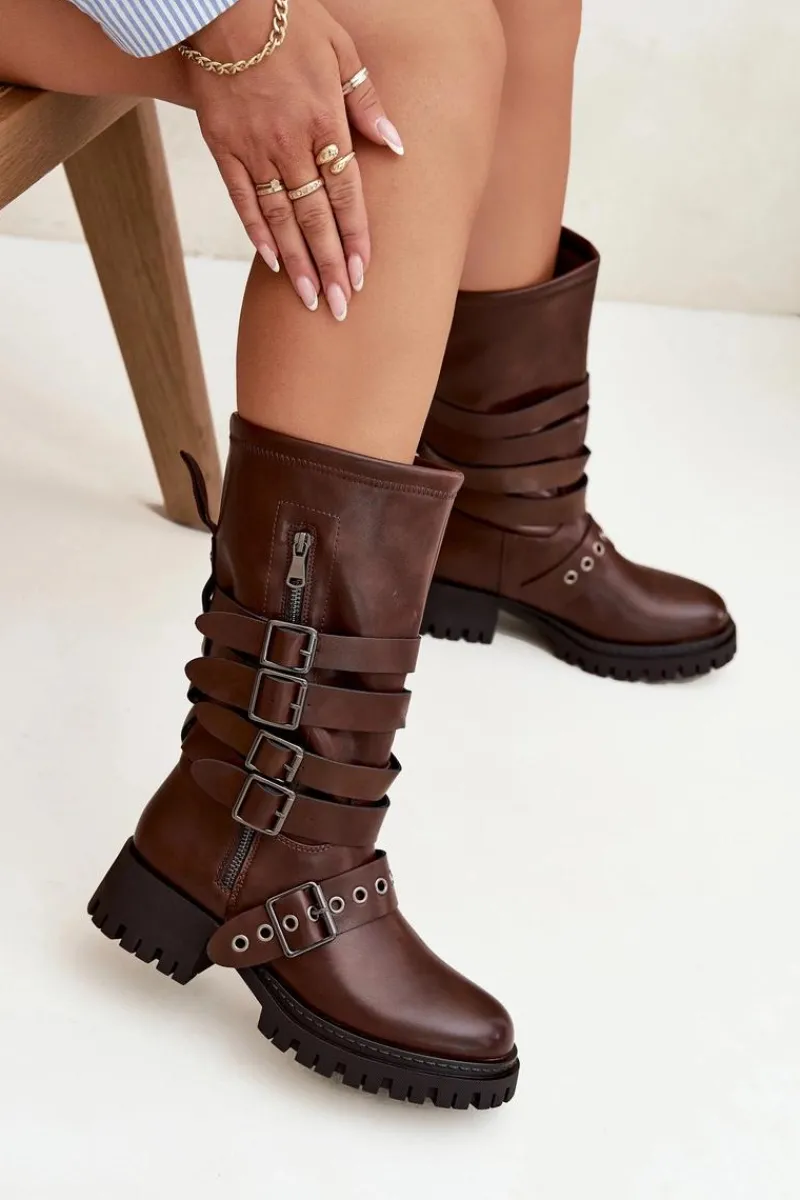 Kozaki Ocieplane|Kozaki Na Obcasie>Boto Ocieplane Kozaki Damskie Z Paskami I Klamrami Brązowe Ivaline Brązowy