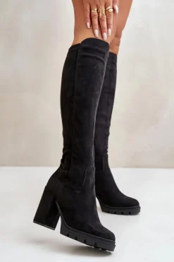 Kozaki Przed Kolano|Kozaki Na Obcasie>Boto Ocieplane Kozaki Damskie Na Słupku Eko Zamszowe Czarne Tirisha