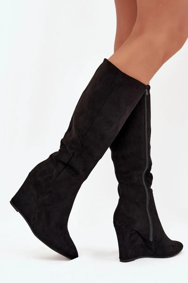 Boto Ocieplane Kozaki Damskie Na Koturnie Czarne Rosina Czarny