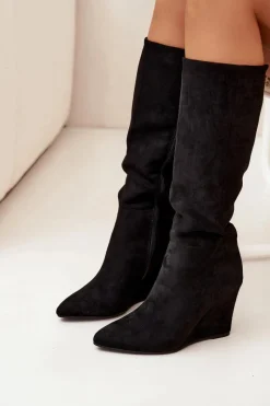 Boto Ocieplane Kozaki Damskie Na Koturnie Czarne Rosina Czarny