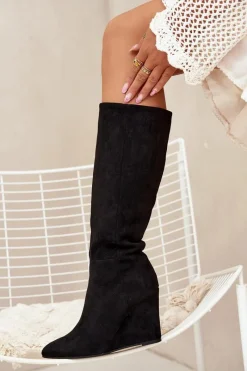 Boto Ocieplane Kozaki Damskie Na Koturnie Czarne Rosina Czarny