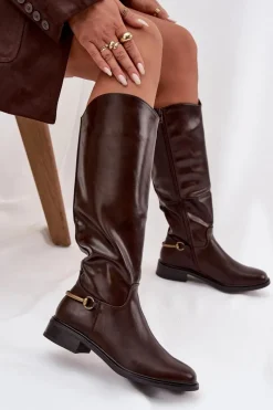 Kozaki Ocieplane|Kozaki Płaskie></noscript>Boto Ocieplane Kozaki Damskie Na Płaskim Obcasie Z Ozdobnym Detalem Czekoladowe Renaya Brązowy