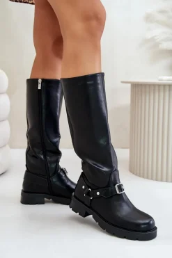 New Ocieplane Kozaki Damskie Na Zamek Eko Skórzane Czarne Tialethe Damskie Kozaki Ocieplane|Kozaki Przed Kolano