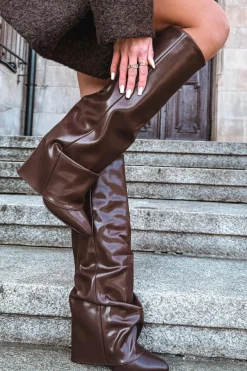 Kozaki Ocieplane|Kozaki Na Słupku>Boto Ocieplane Kozaki Damskie Z Wywiniętą Cholewką Na Słupku Czekoladowe Elivira Brązowy