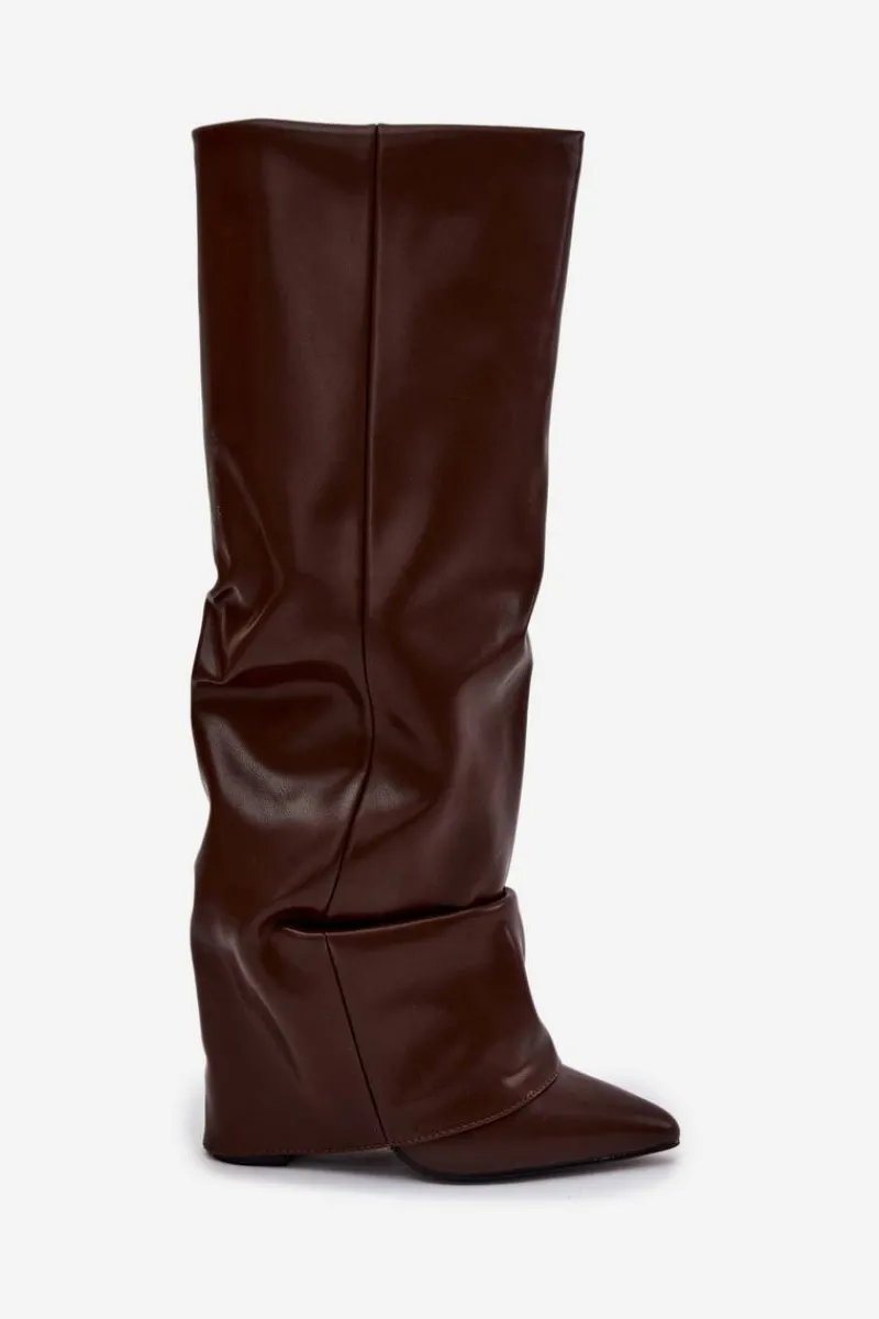 Kozaki Ocieplane|Kozaki Na Słupku>Boto Ocieplane Kozaki Damskie Z Wywiniętą Cholewką Na Słupku Czekoladowe Elivira Brązowy